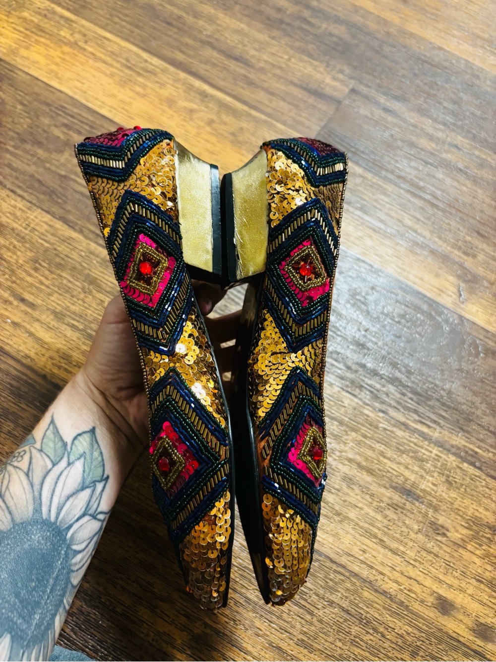 Women's Embellished Pointed Ballet Flat - Black & Gold with Pink Accents - Picture 7 of 10